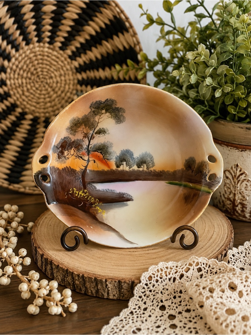 Noritake Hand-Painted Brown and Cream Scenic Decorative Plate